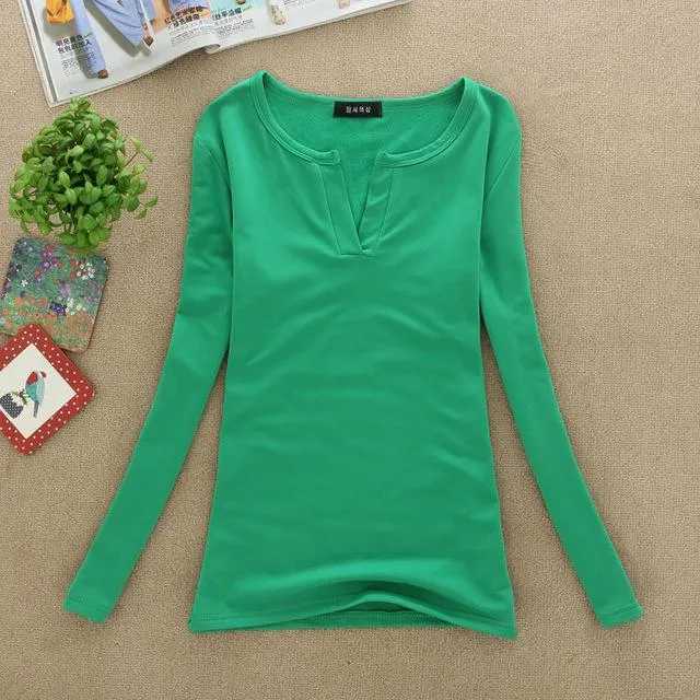 2017 solid 14 colors V-Neck  Blouses Sexy Slim Knitted Long Sleeve Chemise Femme Korean Tops for Women clothing Shirt Top Blouse