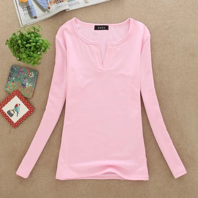 2017 solid 14 colors V-Neck  Blouses Sexy Slim Knitted Long Sleeve Chemise Femme Korean Tops for Women clothing Shirt Top Blouse