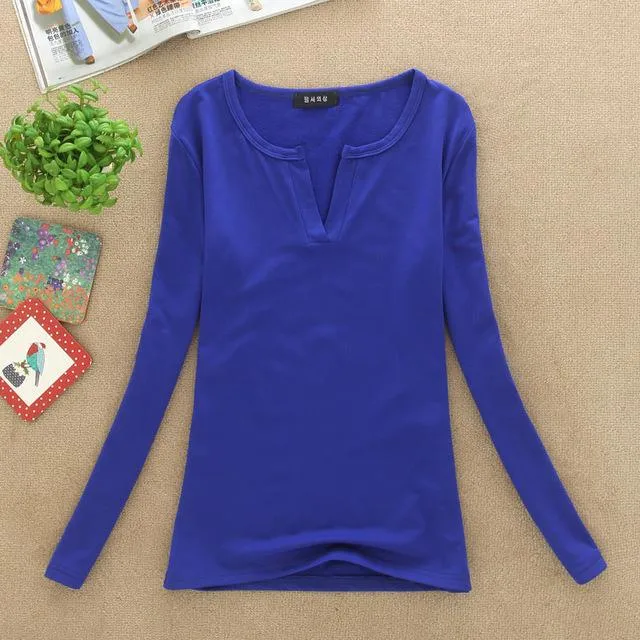 2017 solid 14 colors V-Neck  Blouses Sexy Slim Knitted Long Sleeve Chemise Femme Korean Tops for Women clothing Shirt Top Blouse