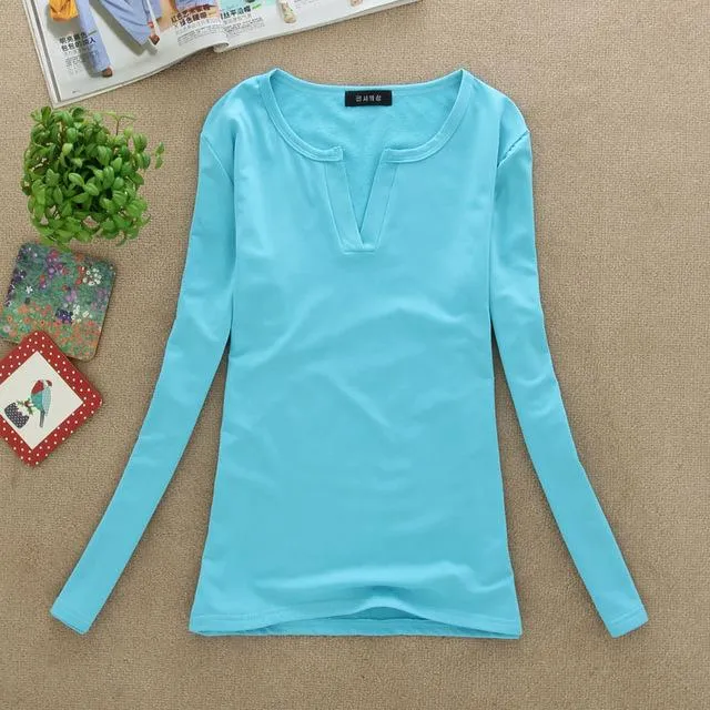 2017 solid 14 colors V-Neck  Blouses Sexy Slim Knitted Long Sleeve Chemise Femme Korean Tops for Women clothing Shirt Top Blouse