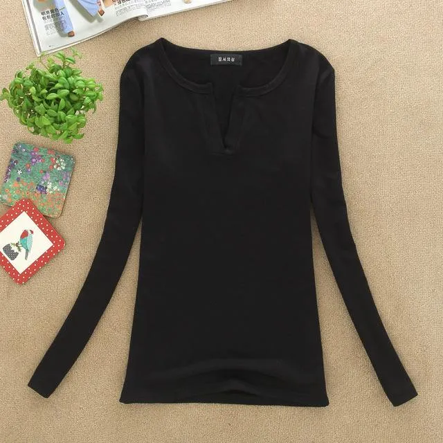 2017 solid 14 colors V-Neck  Blouses Sexy Slim Knitted Long Sleeve Chemise Femme Korean Tops for Women clothing Shirt Top Blouse