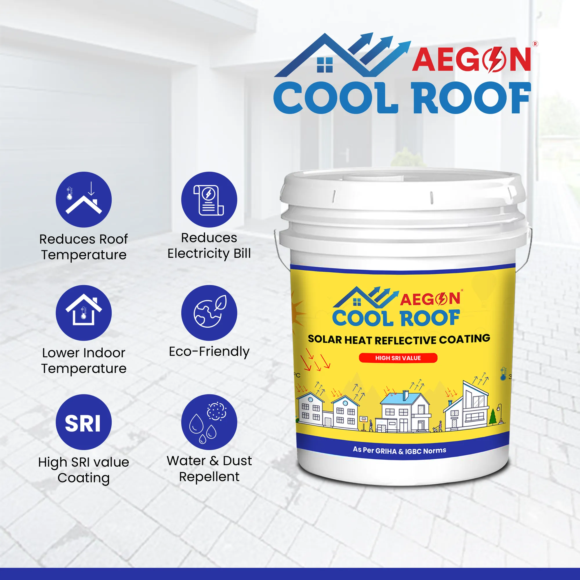 Aegon Cool Roof Coating - High SRI Heat Resistant, Terrace Cooling Paint (20 Ltrs, Covers 600 Sq.ft)