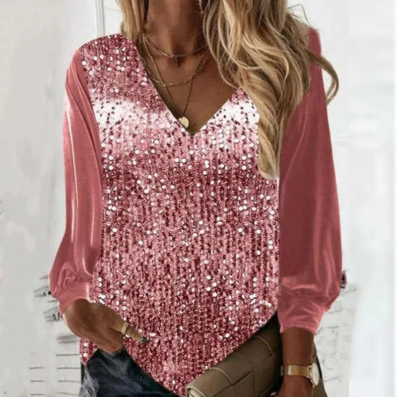 Amy Fashion - Casual V-neck Shiny Sequin Patchwork Loose Party Club Pullover