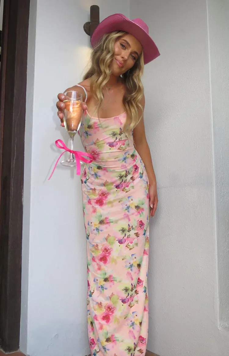 Aster Pink Floral Mesh Maxi Dress