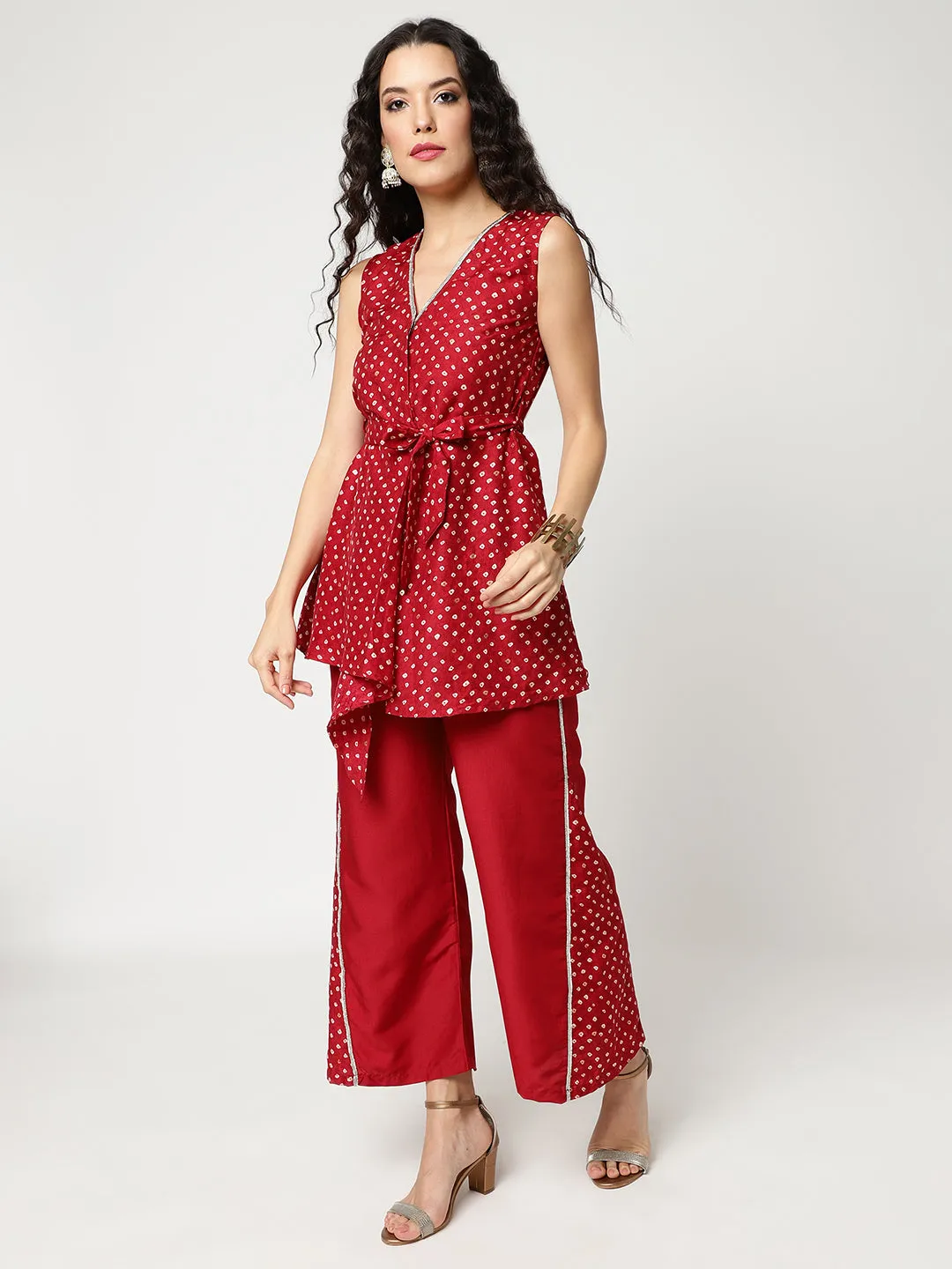 Bandhani Foil Printed Asymmetric Top With Stylish Pants Set Having Lace Details