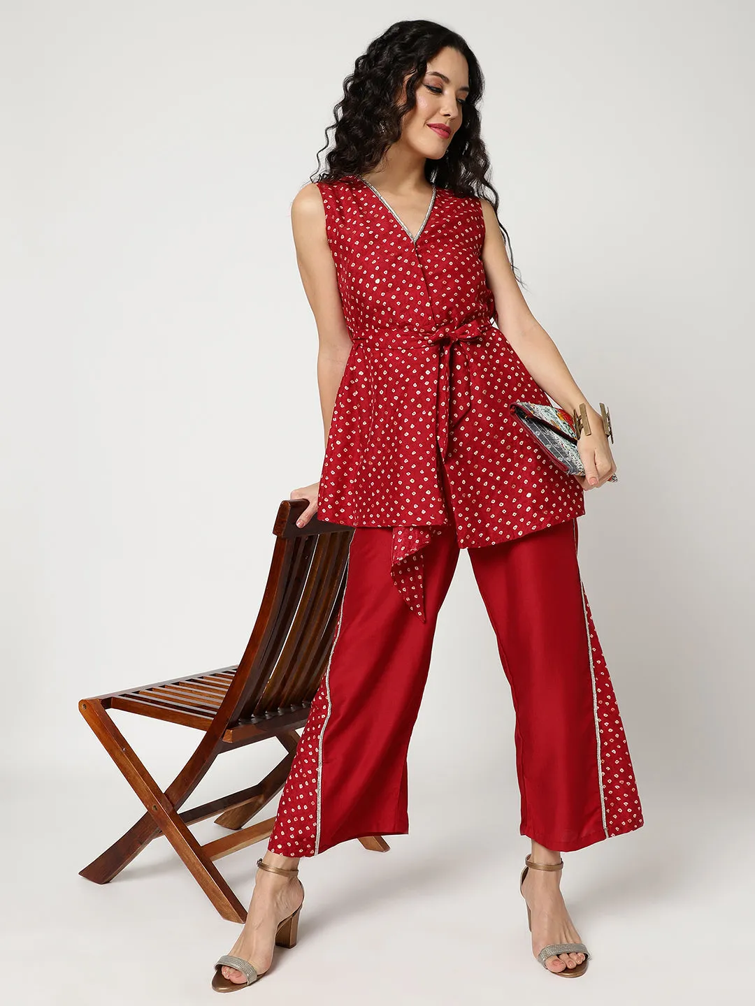 Bandhani Foil Printed Asymmetric Top With Stylish Pants Set Having Lace Details