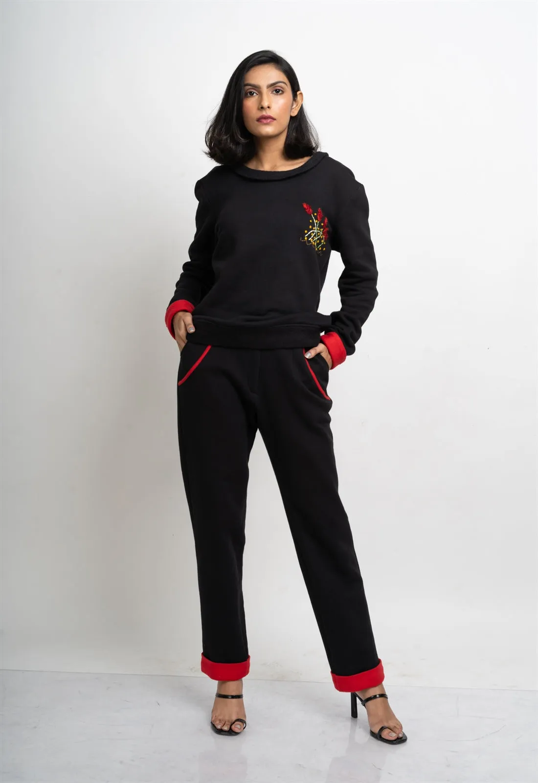 Black And Red Fleece Embroidered Set