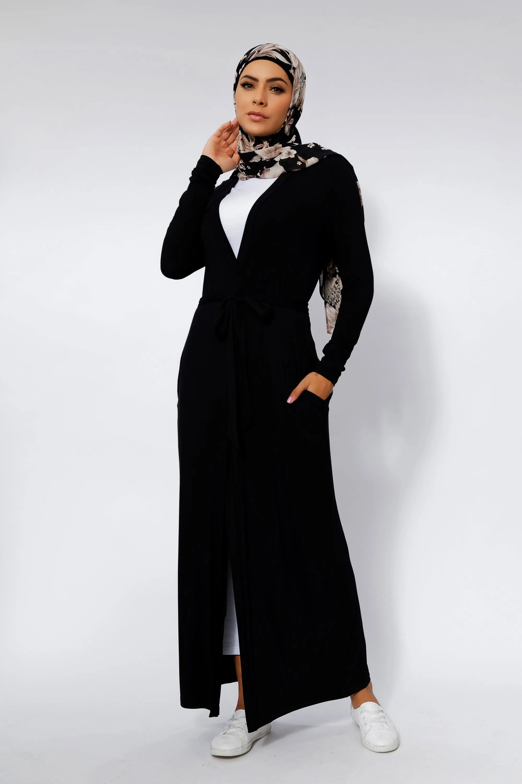 Black Belted Cotton Non-Sheer Maxi Cardigan