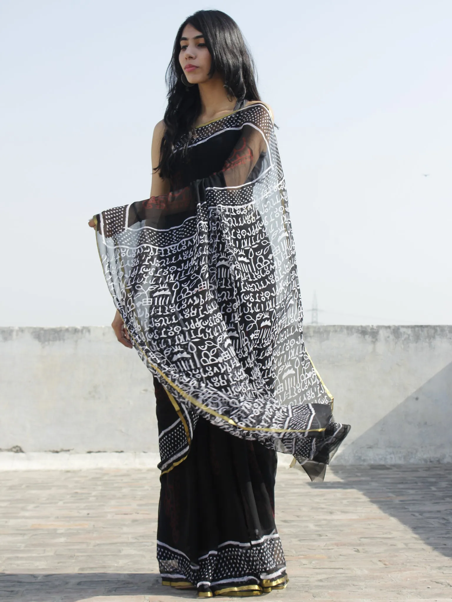 Black White Red Hand Block Printed Chiffon Saree - S031702319