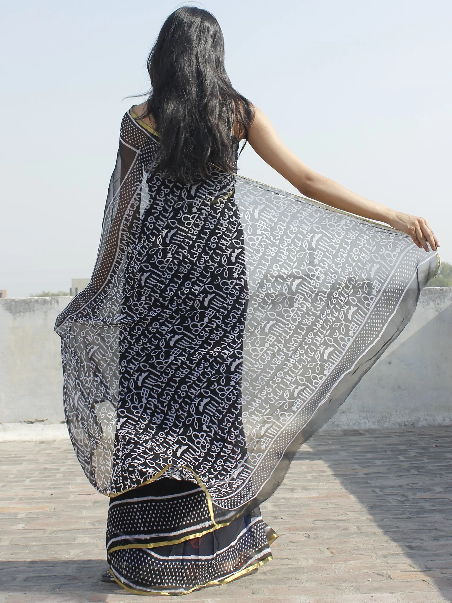 Black White Red Hand Block Printed Chiffon Saree - S031702319