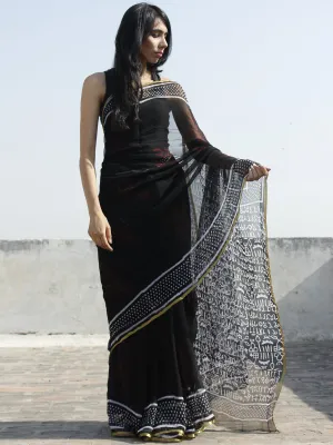 Black White Red Hand Block Printed Chiffon Saree - S031702319