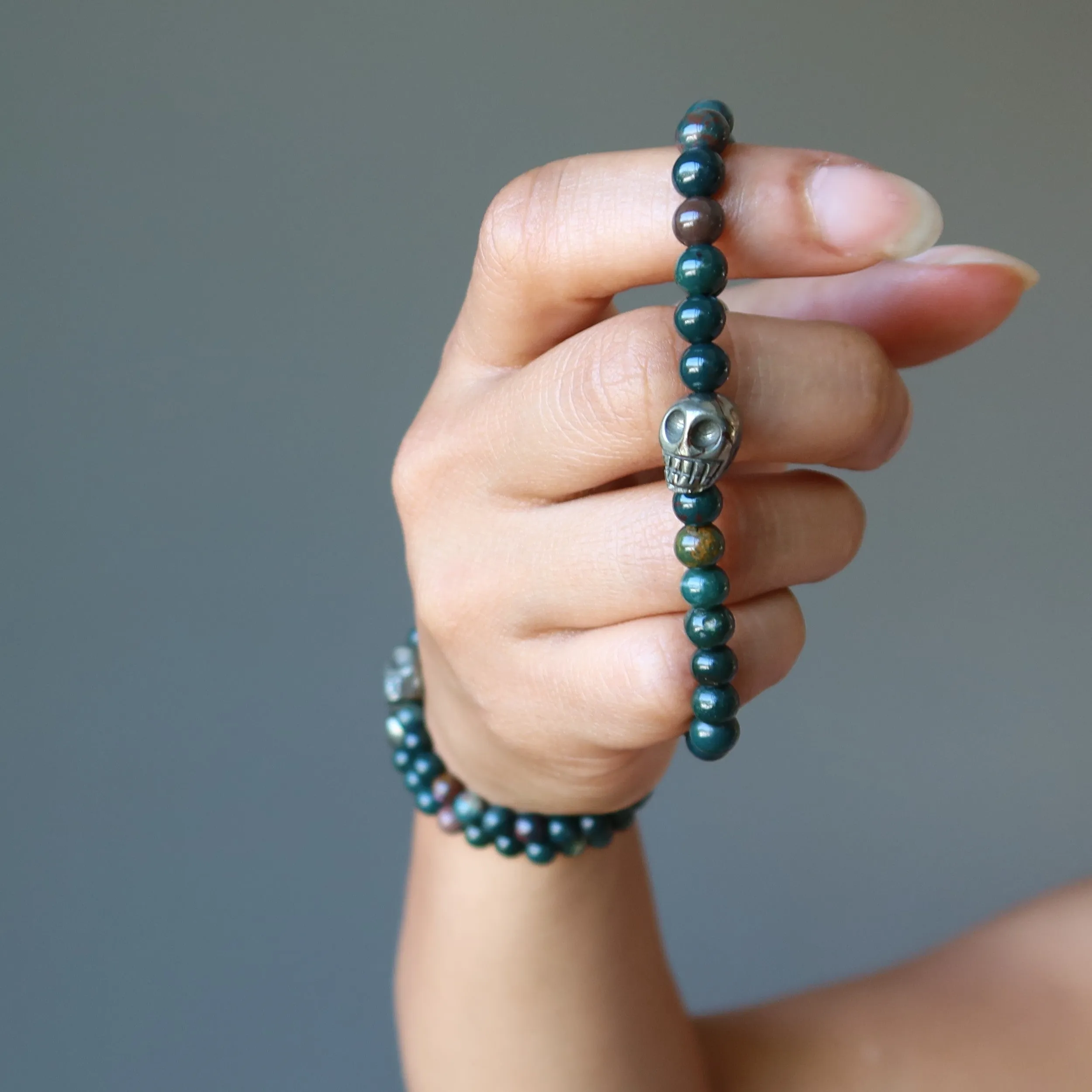 Bloodstone Pyrite Bracelet Edgy Gold Skull