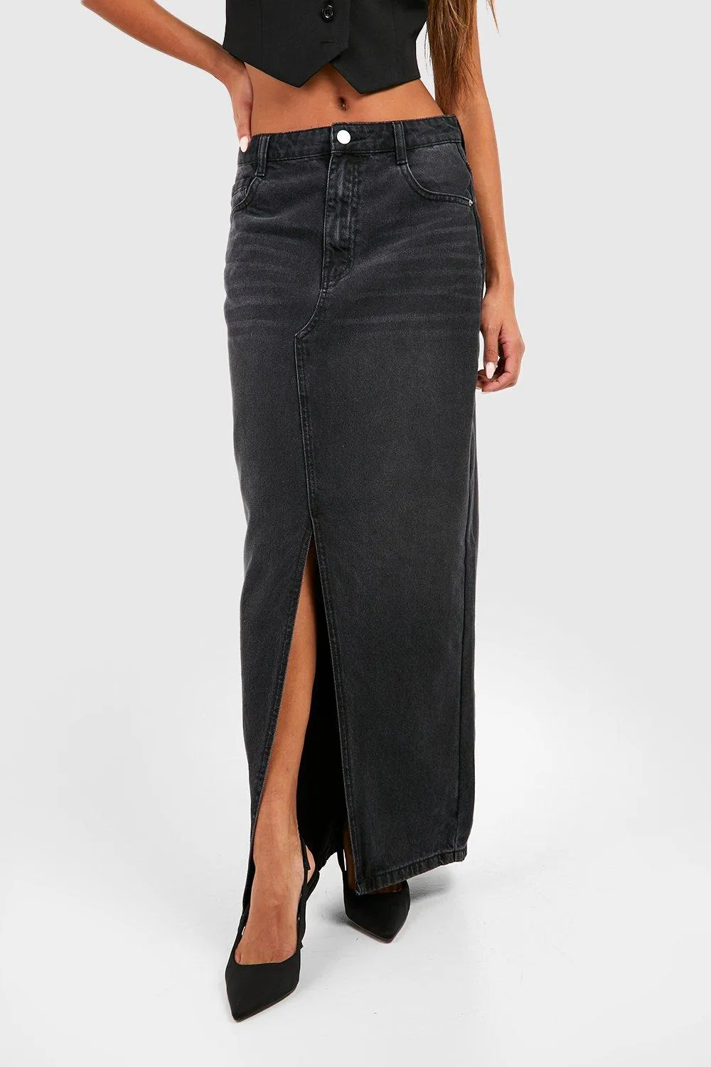 Boohoo Front Split Denim Maxi Skirt, Black