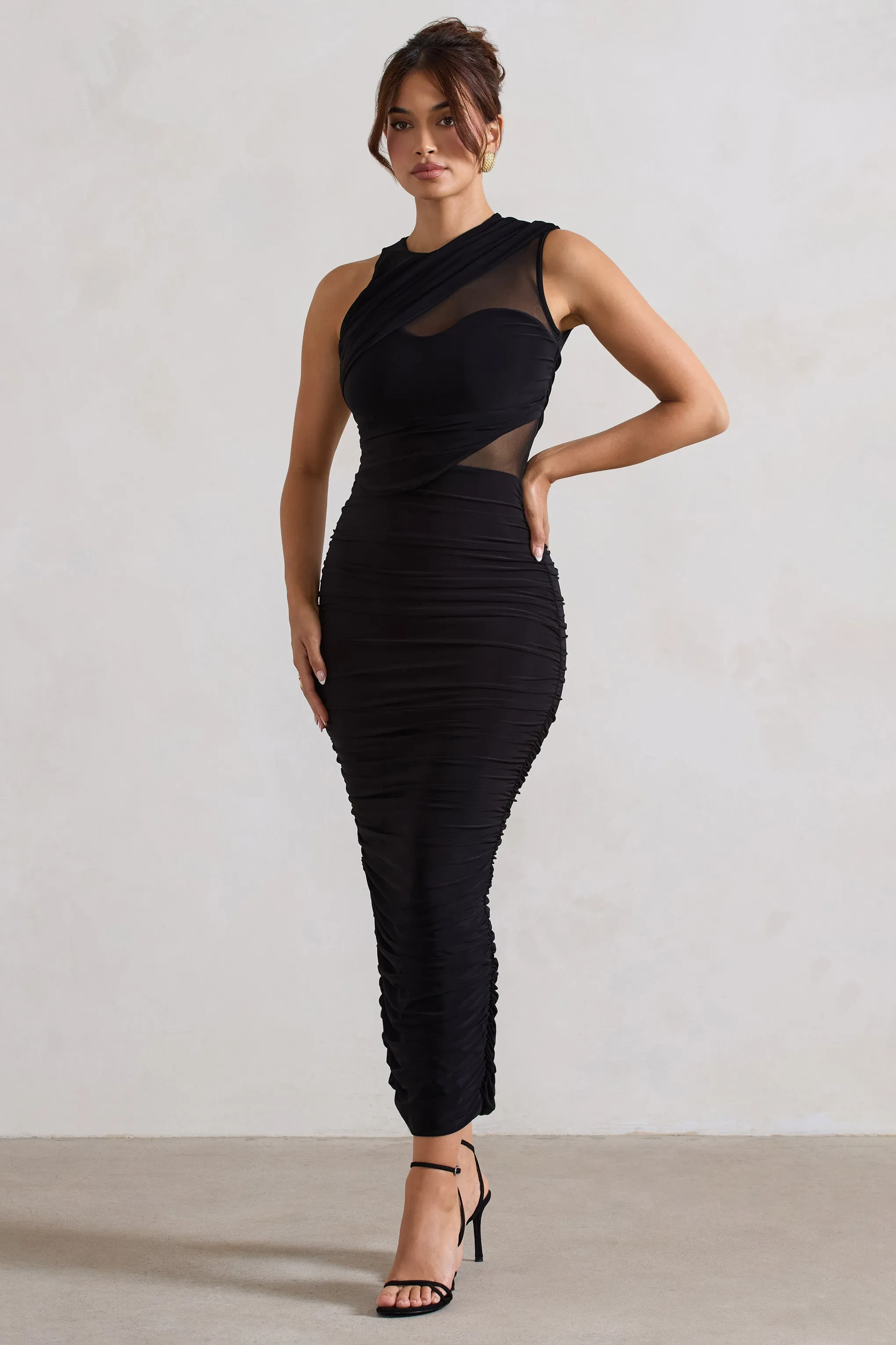 Born With It | Black Sleeveless High-Neck Draped Maxi Dress With Mesh Inserts