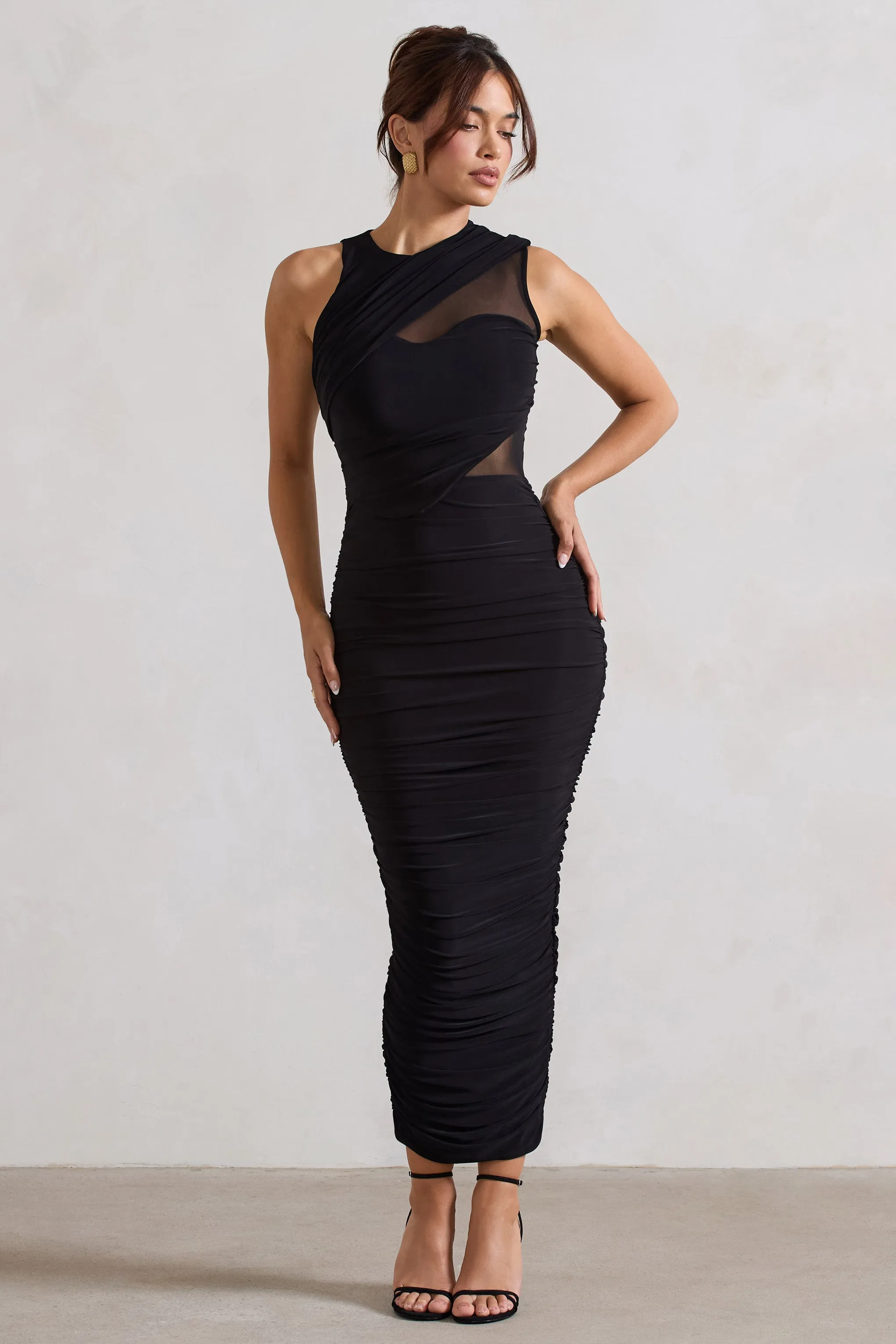 Born With It | Black Sleeveless High-Neck Draped Maxi Dress With Mesh Inserts