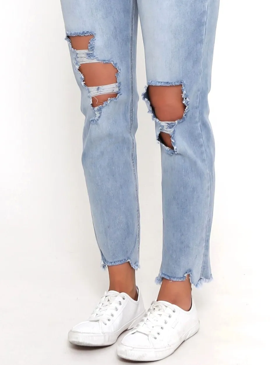 Boyfriend Distressed Jeans - Blue Wash