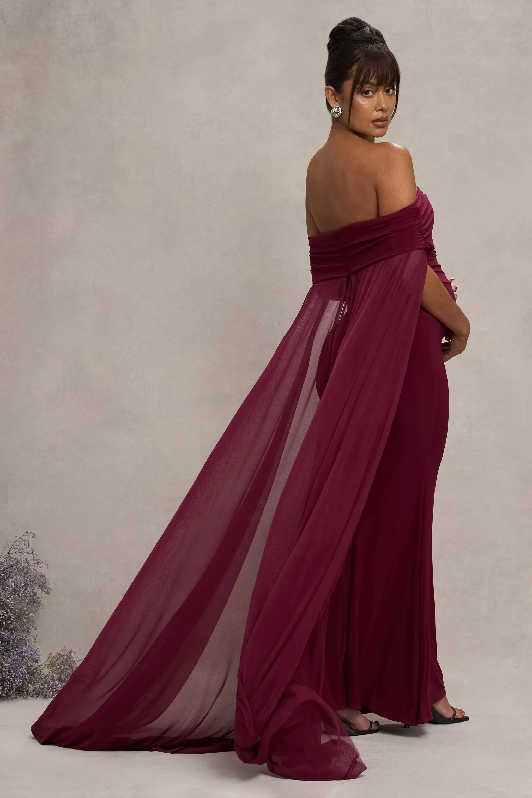 Carlotta | Berry Bardot Maternity Maxi Dress With Chiffon Cape