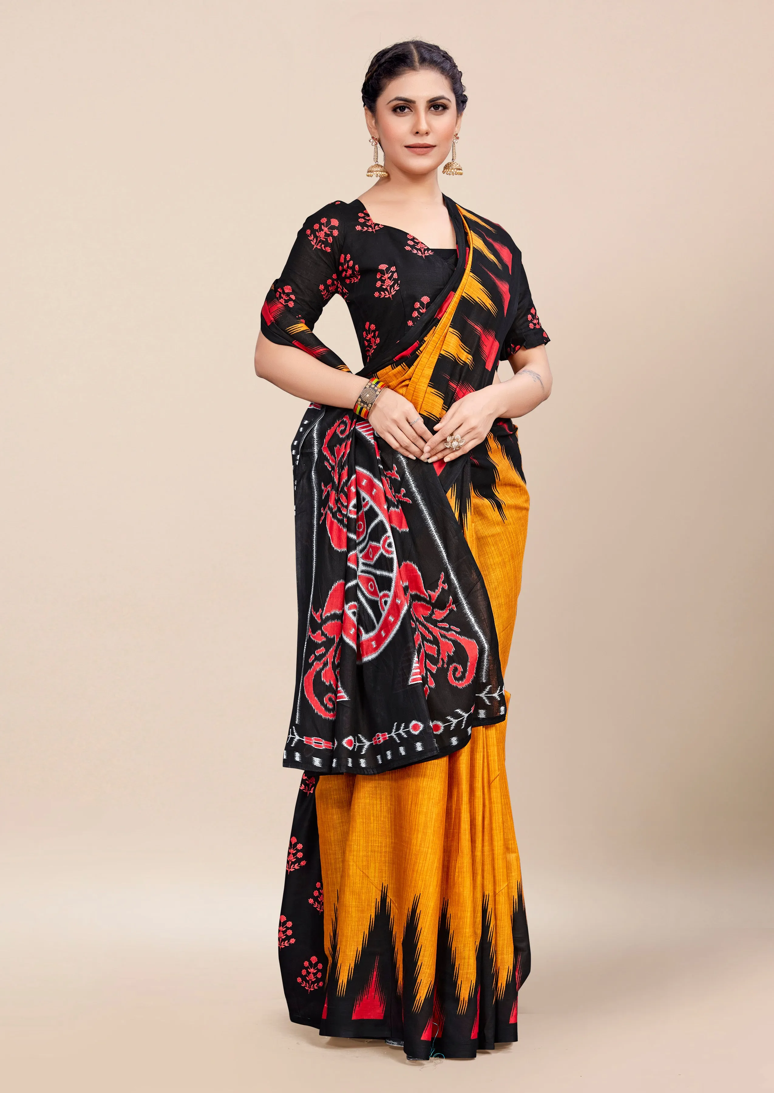 Charming Pure Cotton Jaipur Block Print Saree With Blouse Piece