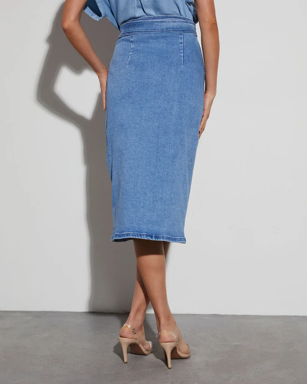 Class Act Denim Wrap Midi Skirt