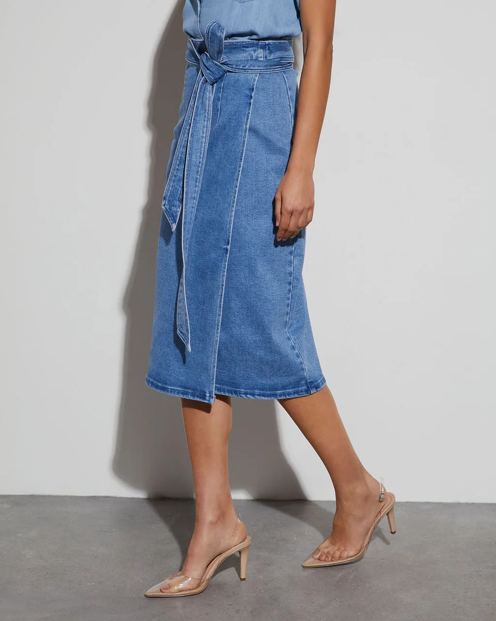 Class Act Denim Wrap Midi Skirt