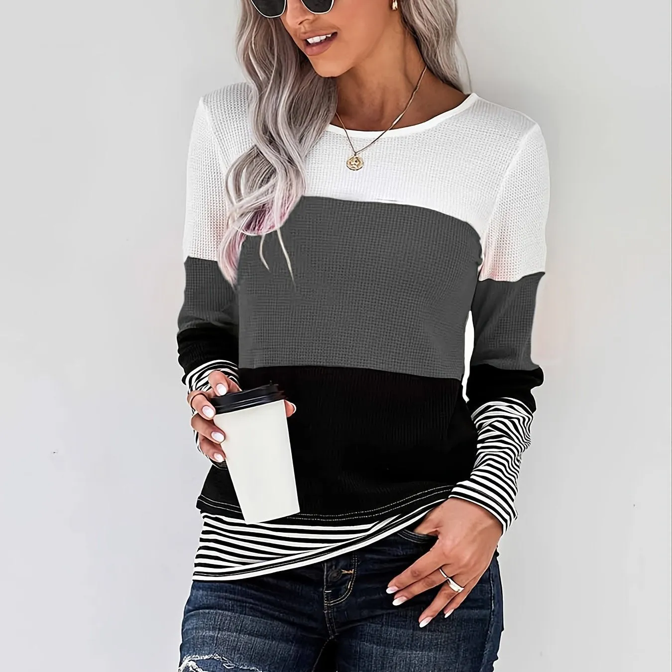 Color Block Sweatshirts Round Neck Pullover Casual Long Sleeve Comfy Casual Top