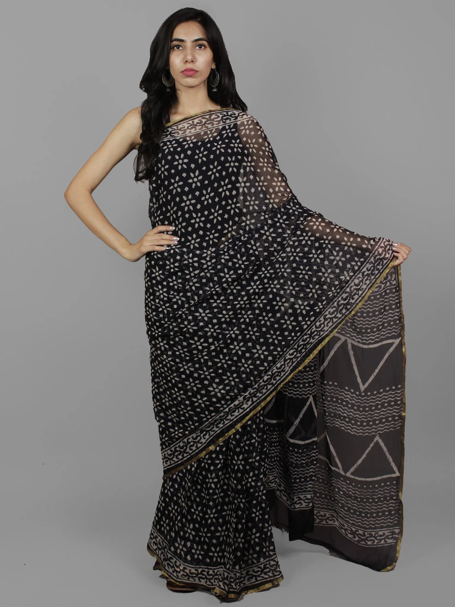 Dark Indigo Ivory Hand Block Printed Chiffon Saree - S031702097