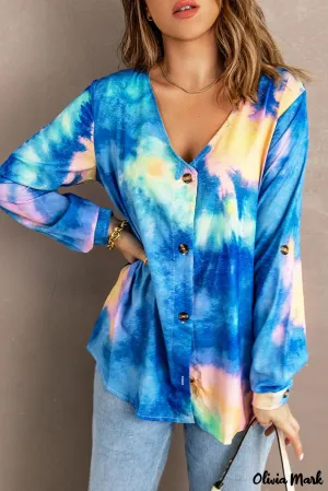 Deanwangkt - Blue Tie-Dye Long Sleeve V-Neck Blouse With Button Closure