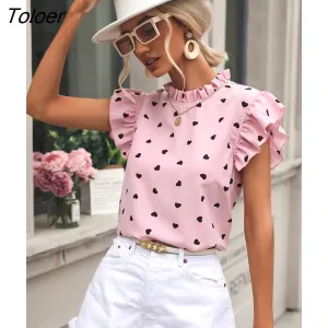 deanwangkt Chiffon Print Women's Shirt Casual Ruffle Short Sleeve Top Pink Chic Woman Blouse And Shirts Elegant Blouses Summer