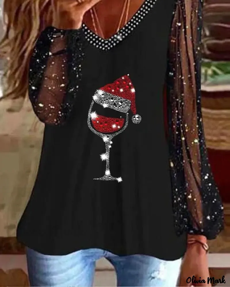 Deanwangkt - Contrast Tulle Long Sleeve Christmas Top with Wine Glass