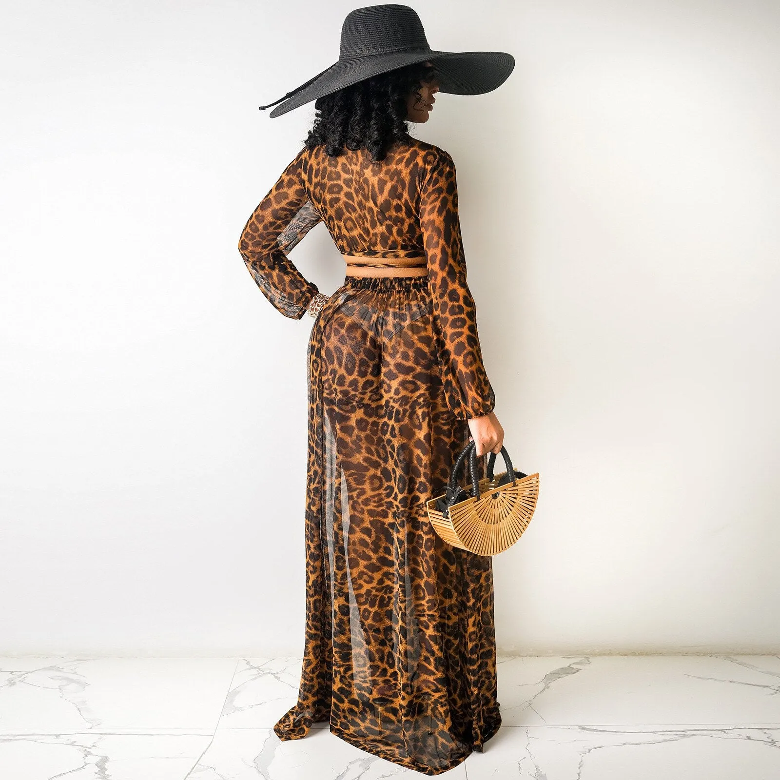 deanwangkt Leopard Print Chiffon Sexy 2 Piece Set Blouse and Maxi Skirts Matching Sets Beach Wear Vacation Outfits D41-EC38