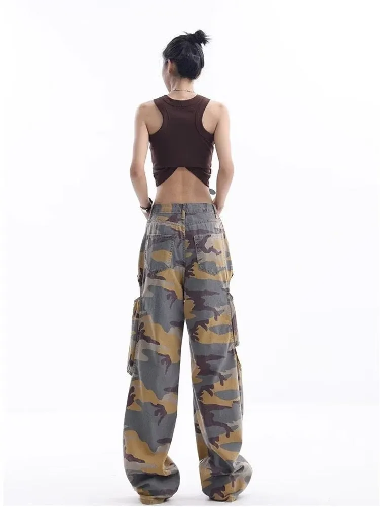 deanwangkt Loose Splashed Ink Speaker Camouflage Pants Trendy Hip-hop Vintage Versatile Work Clothes Pants Wide Leg Pants Women's Jeans