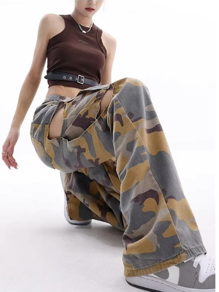 deanwangkt Loose Splashed Ink Speaker Camouflage Pants Trendy Hip-hop Vintage Versatile Work Clothes Pants Wide Leg Pants Women's Jeans