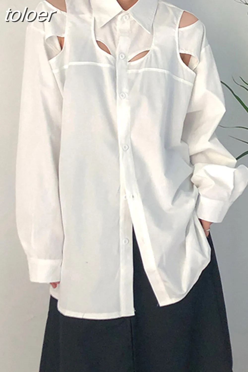 deanwangkt Minimalist Shirt For Women Lapel Long Sleeve Hollow Out Patchwork Casual Loose Blouse Female Autumn Clothing  New