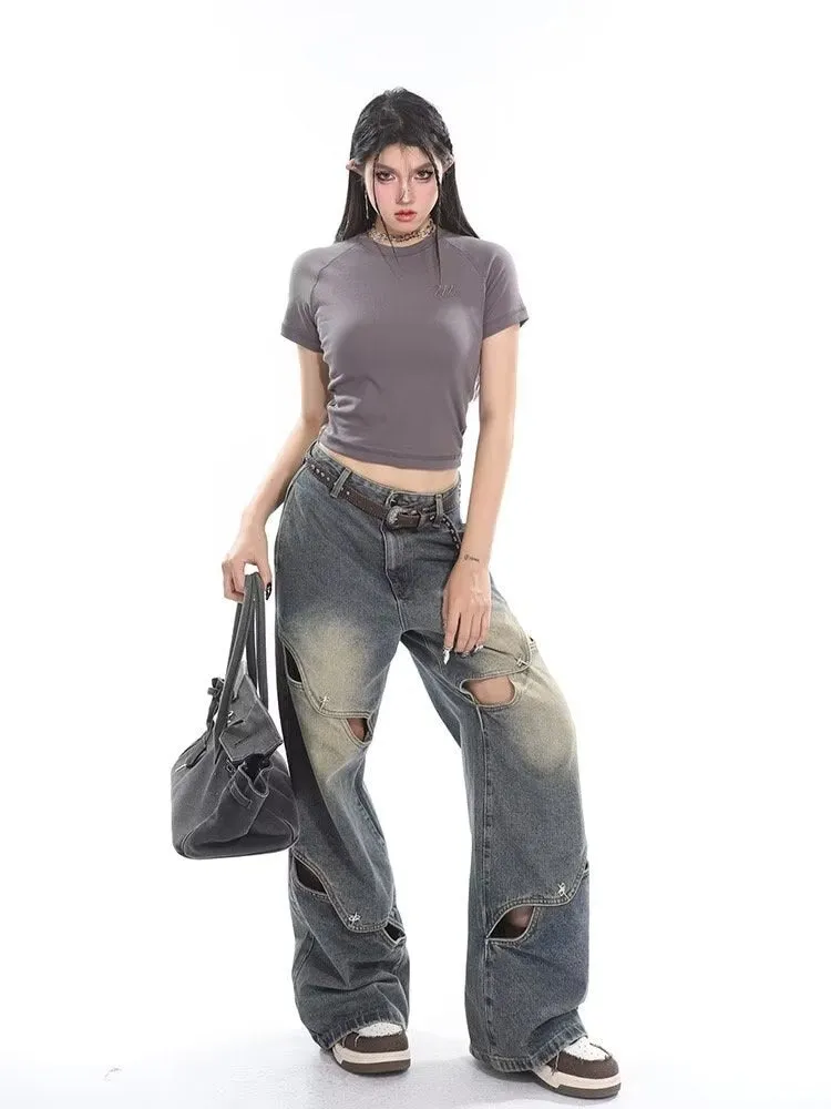 deanwangkt Small crowd deconstruction design sense jeans, high street wide leg pants, high-end floor long pants, trendy brand women's jeans