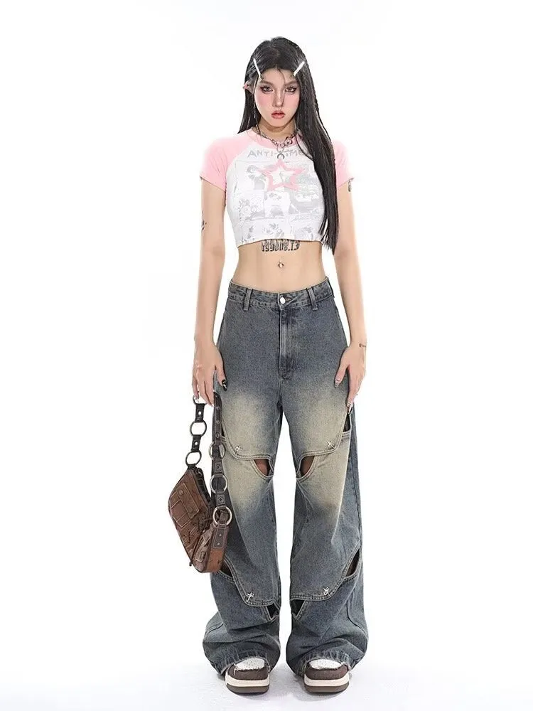 deanwangkt Small crowd deconstruction design sense jeans, high street wide leg pants, high-end floor long pants, trendy brand women's jeans