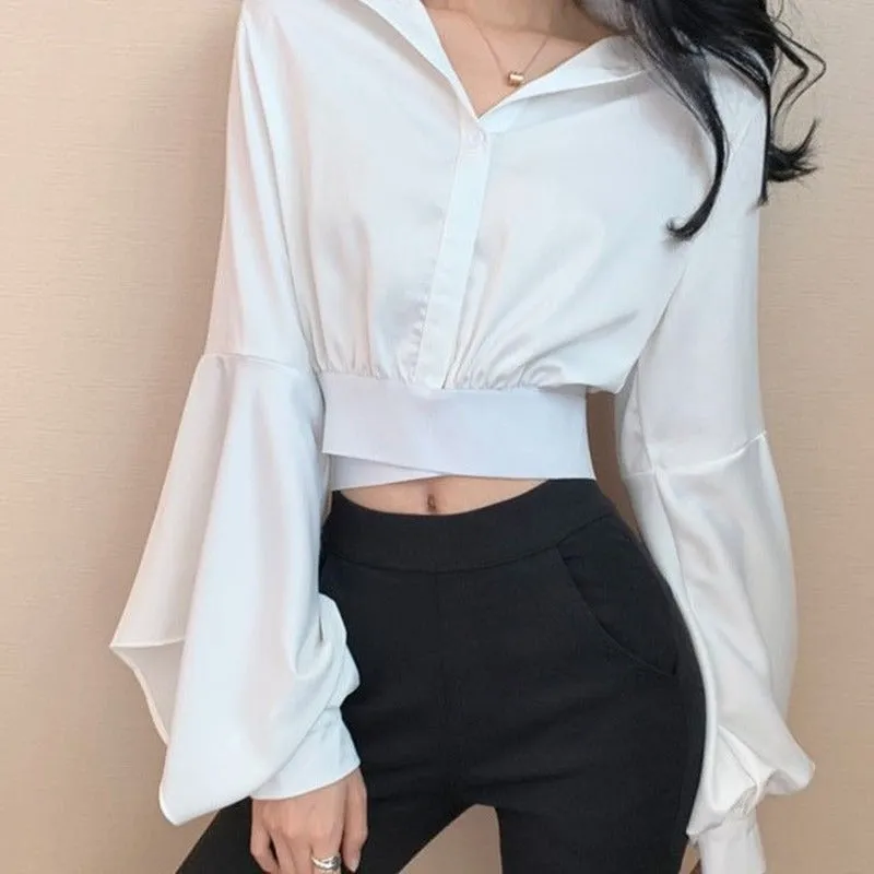 deanwangkt Spring Sexy Y2k Blouse Women V Neck Button Long Sleeve Vintage Casual Crop Tops Female Outdoor Korean Fashion Chiffon Shirt