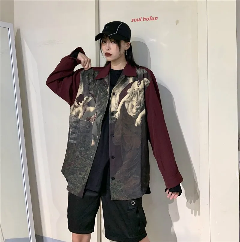 deanwangkt Vintage Angel Print Blouse Shirt Japanese Streetwear Blusas Cardigan Long Sleeve Oversized Tops Women Men Clothes Blusas