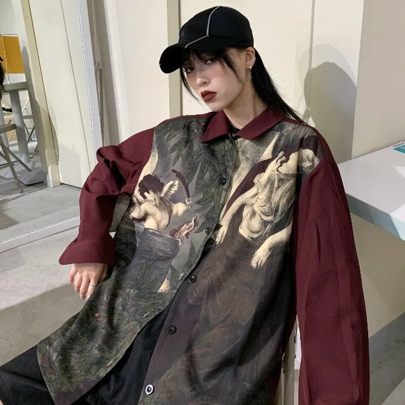 deanwangkt Vintage Angel Print Blouse Shirt Japanese Streetwear Blusas Cardigan Long Sleeve Oversized Tops Women Men Clothes Blusas