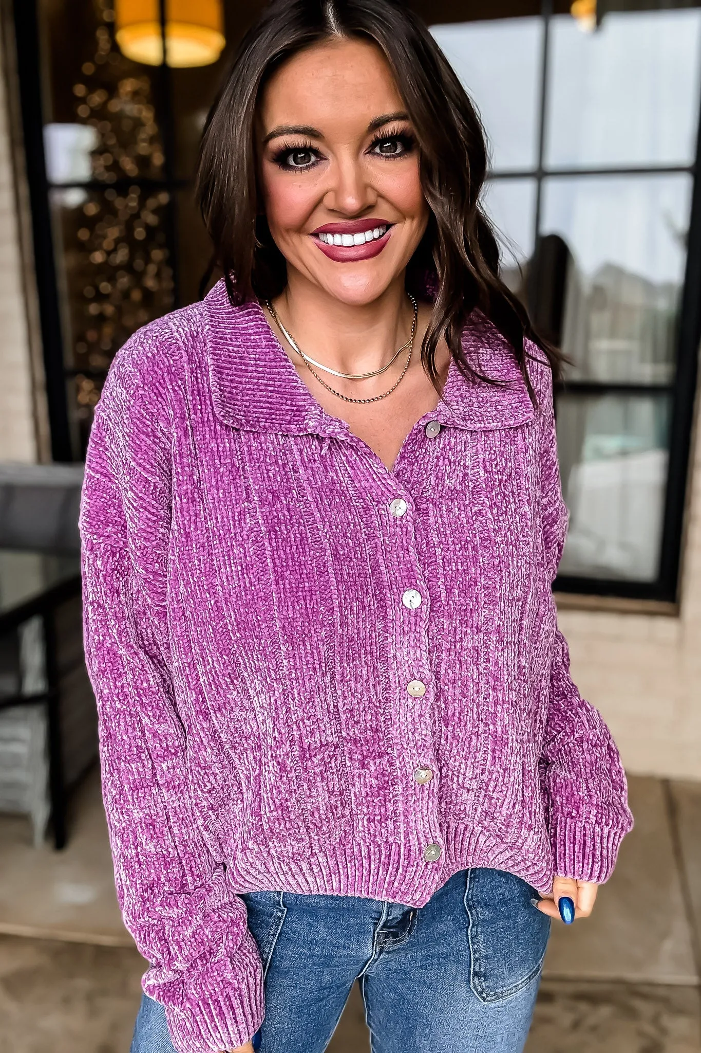 Dreams And Aspirations Plum Chenille Button Up Sweater