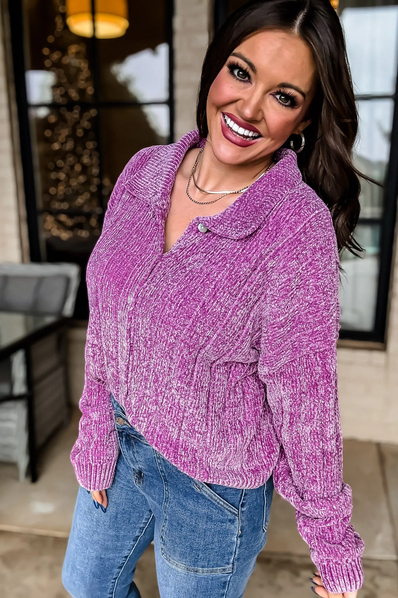 Dreams And Aspirations Plum Chenille Button Up Sweater