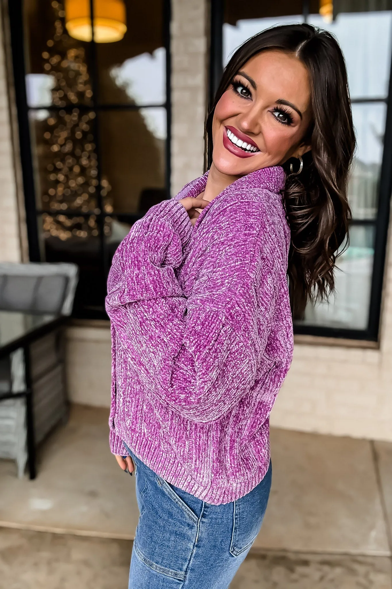 Dreams And Aspirations Plum Chenille Button Up Sweater