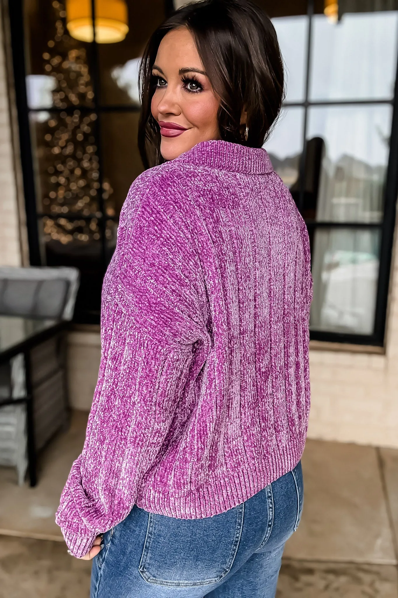 Dreams And Aspirations Plum Chenille Button Up Sweater