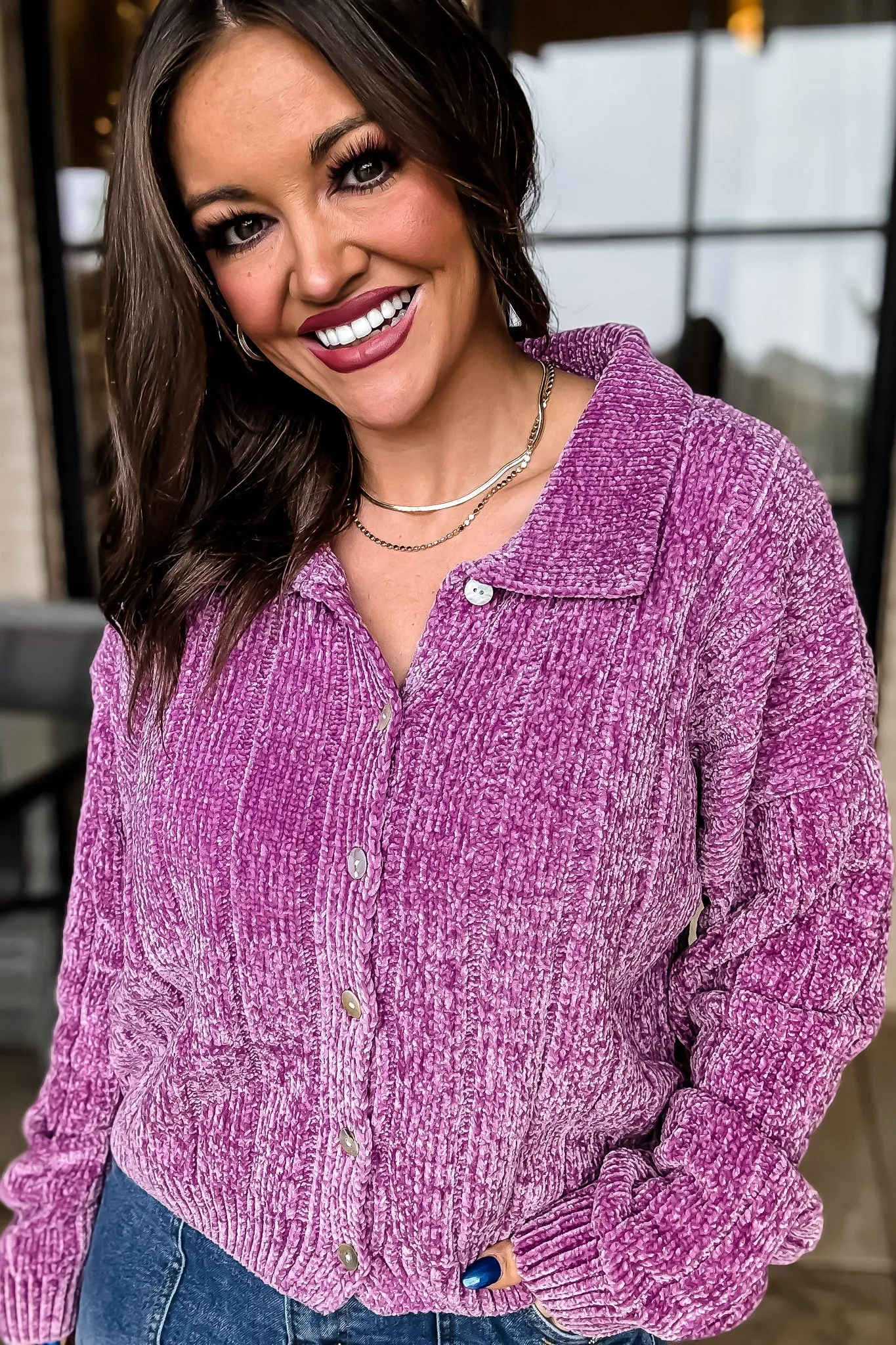 Dreams And Aspirations Plum Chenille Button Up Sweater