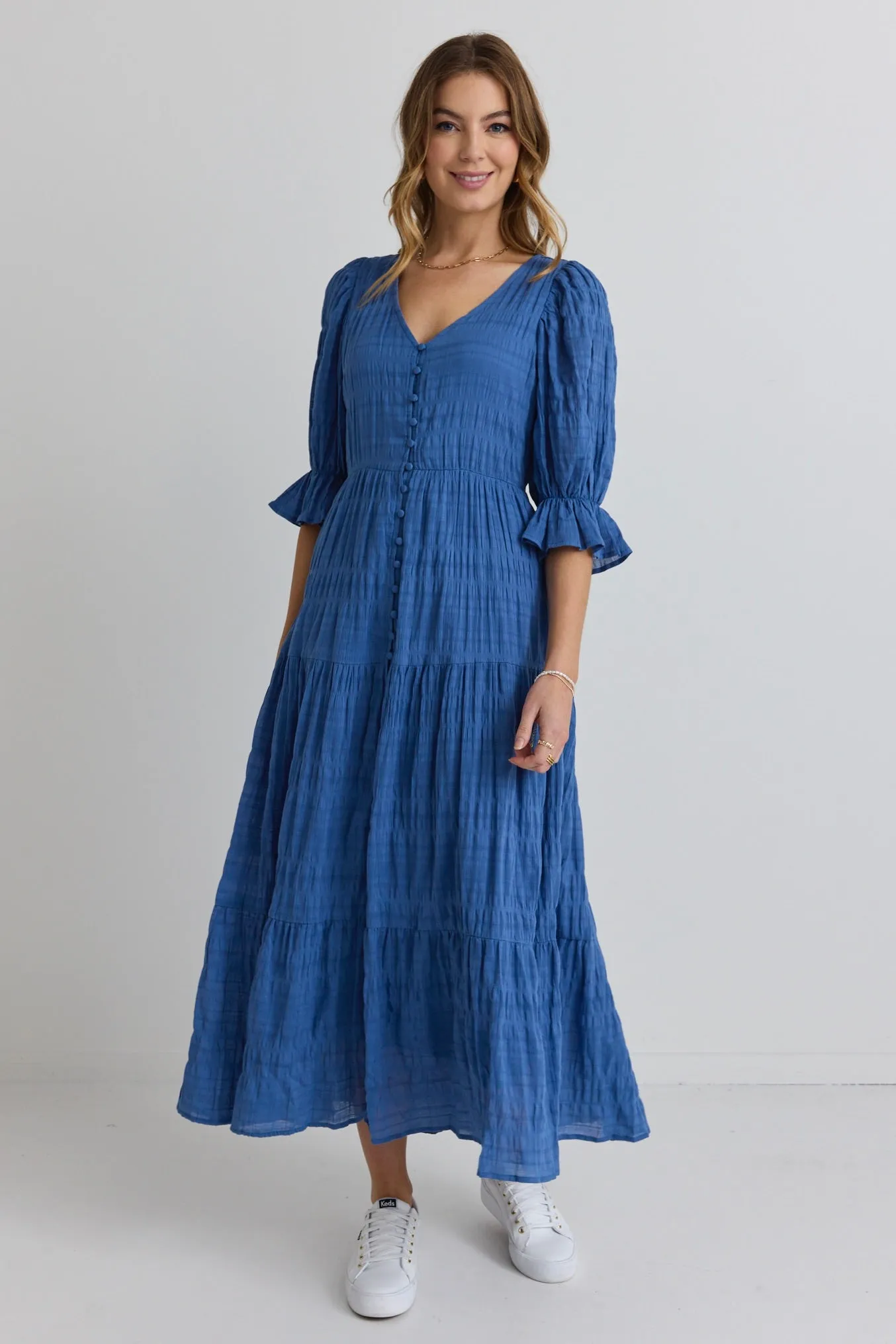 Dreamy Steel Blue Bubble SS Button Front Tiered Maxi Dress