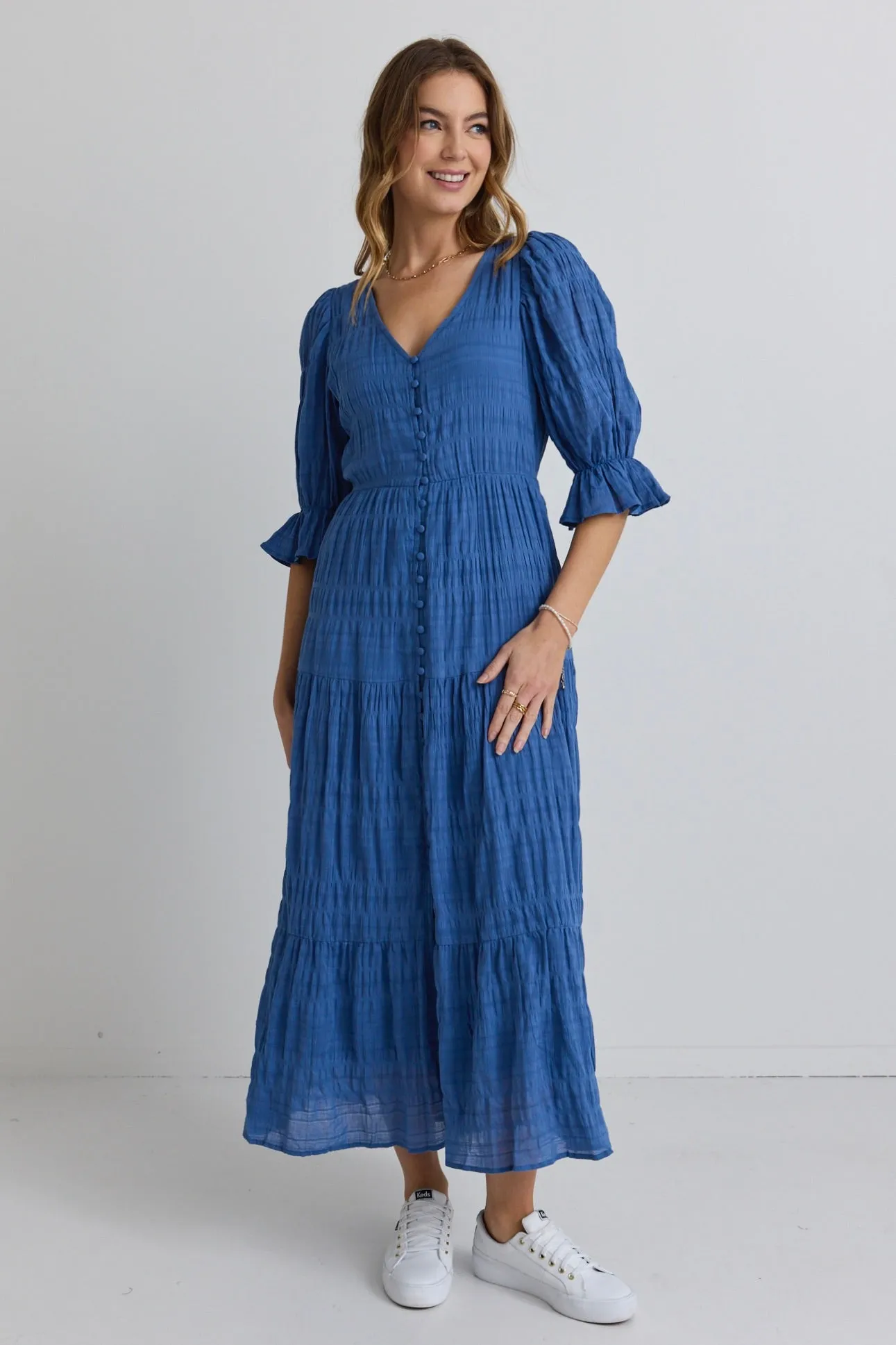 Dreamy Steel Blue Bubble SS Button Front Tiered Maxi Dress