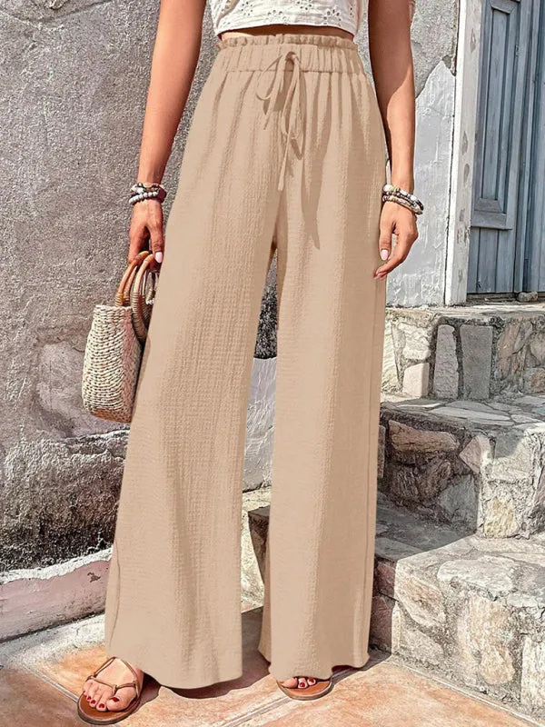 Elastic waist puff plaid casual wide leg pants