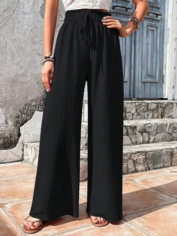 Elastic waist puff plaid casual wide leg pants