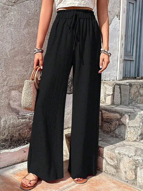 Elastic waist puff plaid casual wide leg pants