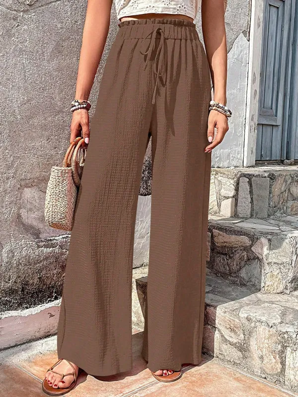 Elastic waist puff plaid casual wide leg pants