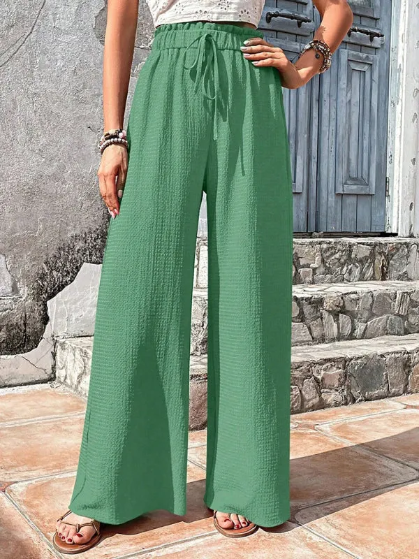 Elastic waist puff plaid casual wide leg pants